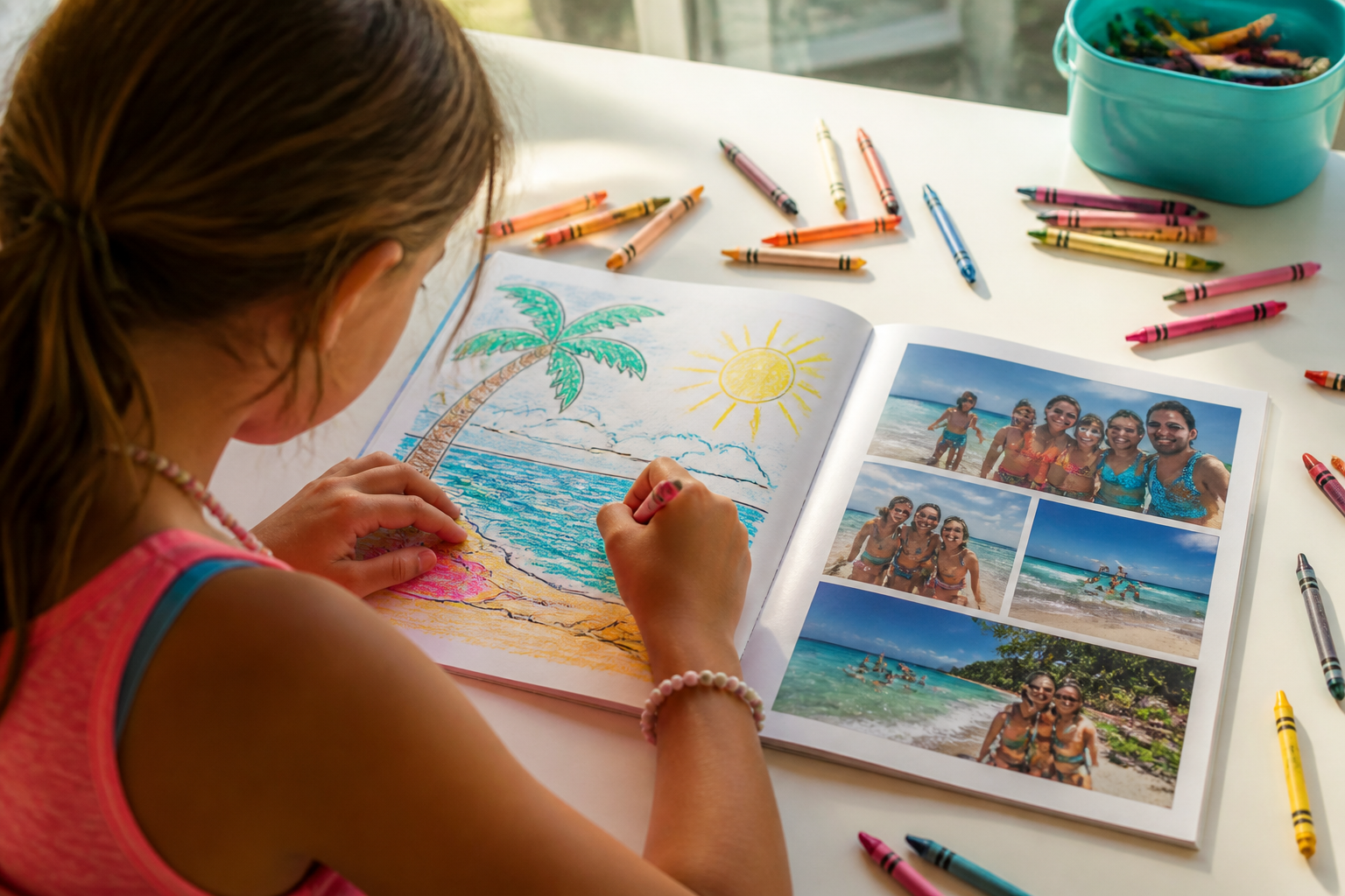 Teen girl focused on coloring her beach vacation memory book page with printed photos on the opposite page