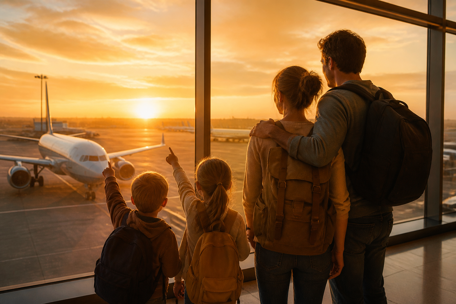 Family at airport ready to travel