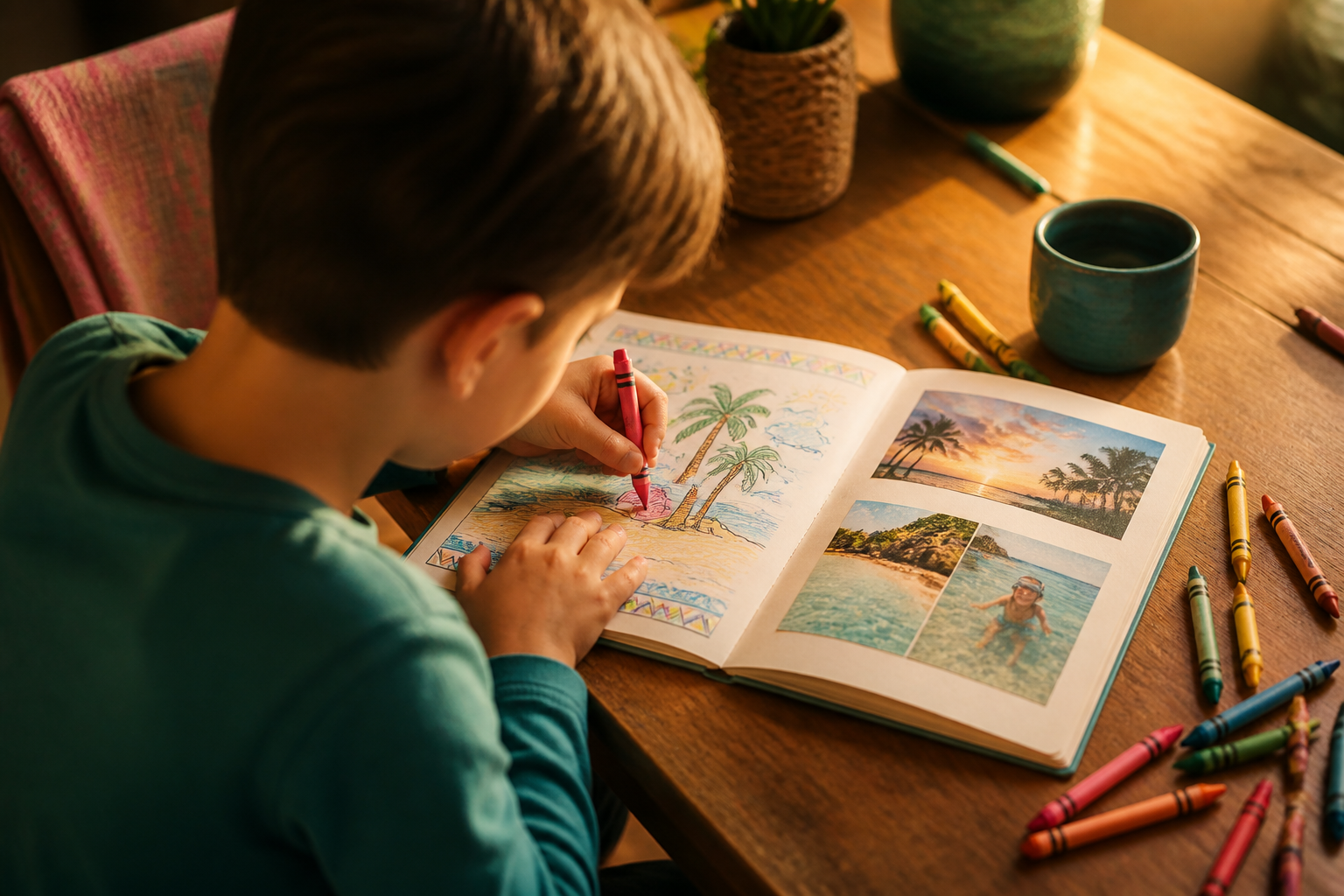 Young boy coloring in his travel memory book